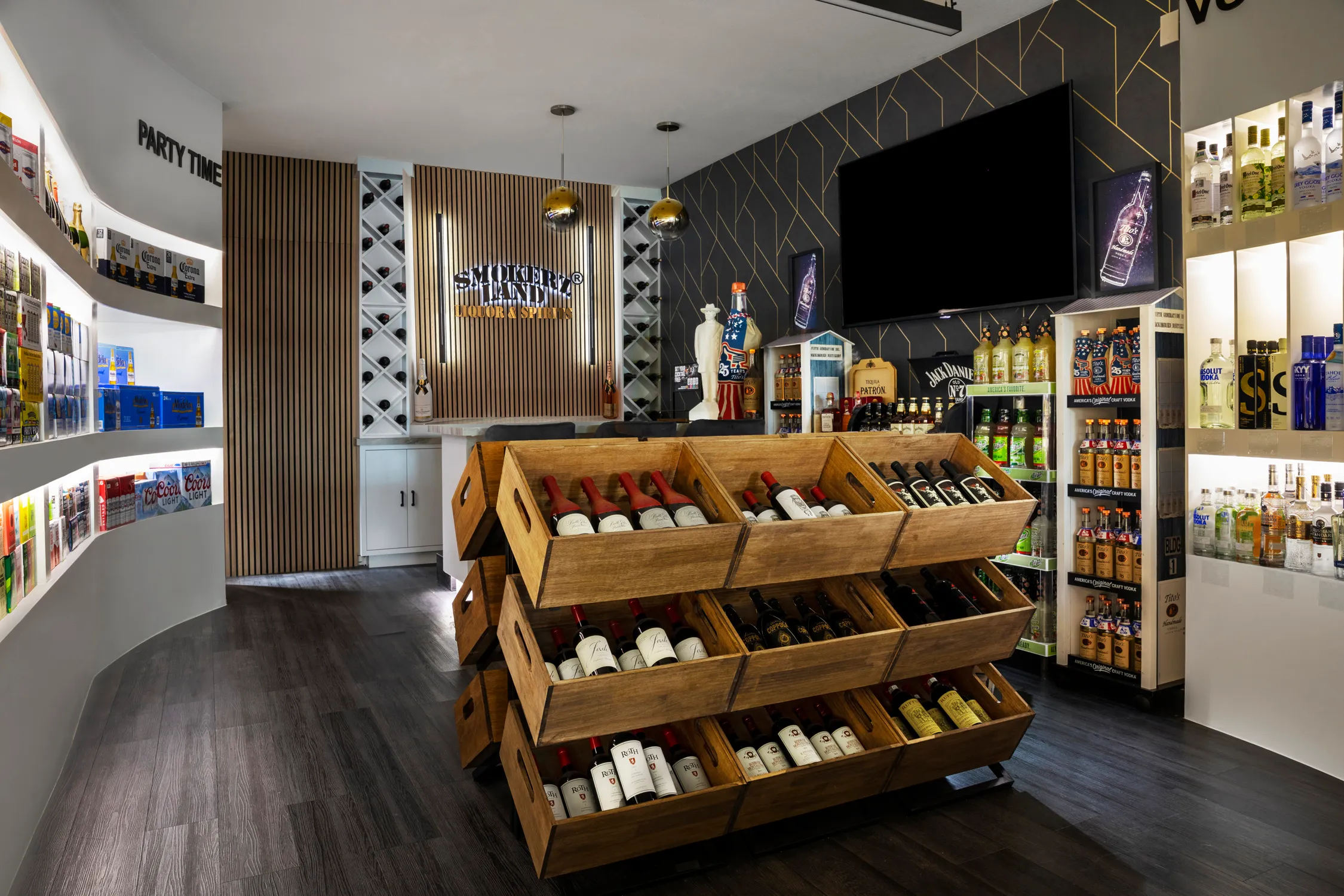 Liquor store wine displays and backlit bottle shelving