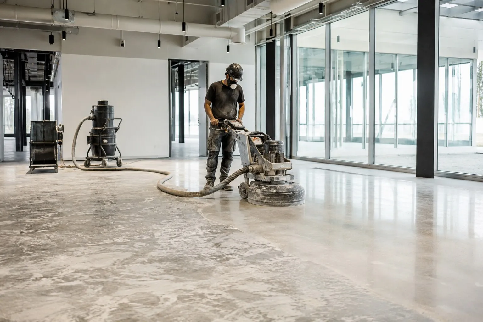 Worker operating a floor polisher in a bright commercial interior