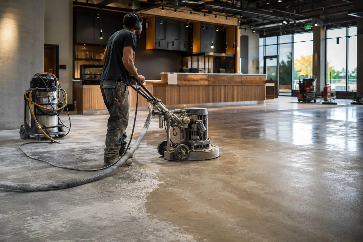 Worker polishing a concrete floor in a restaurant interior