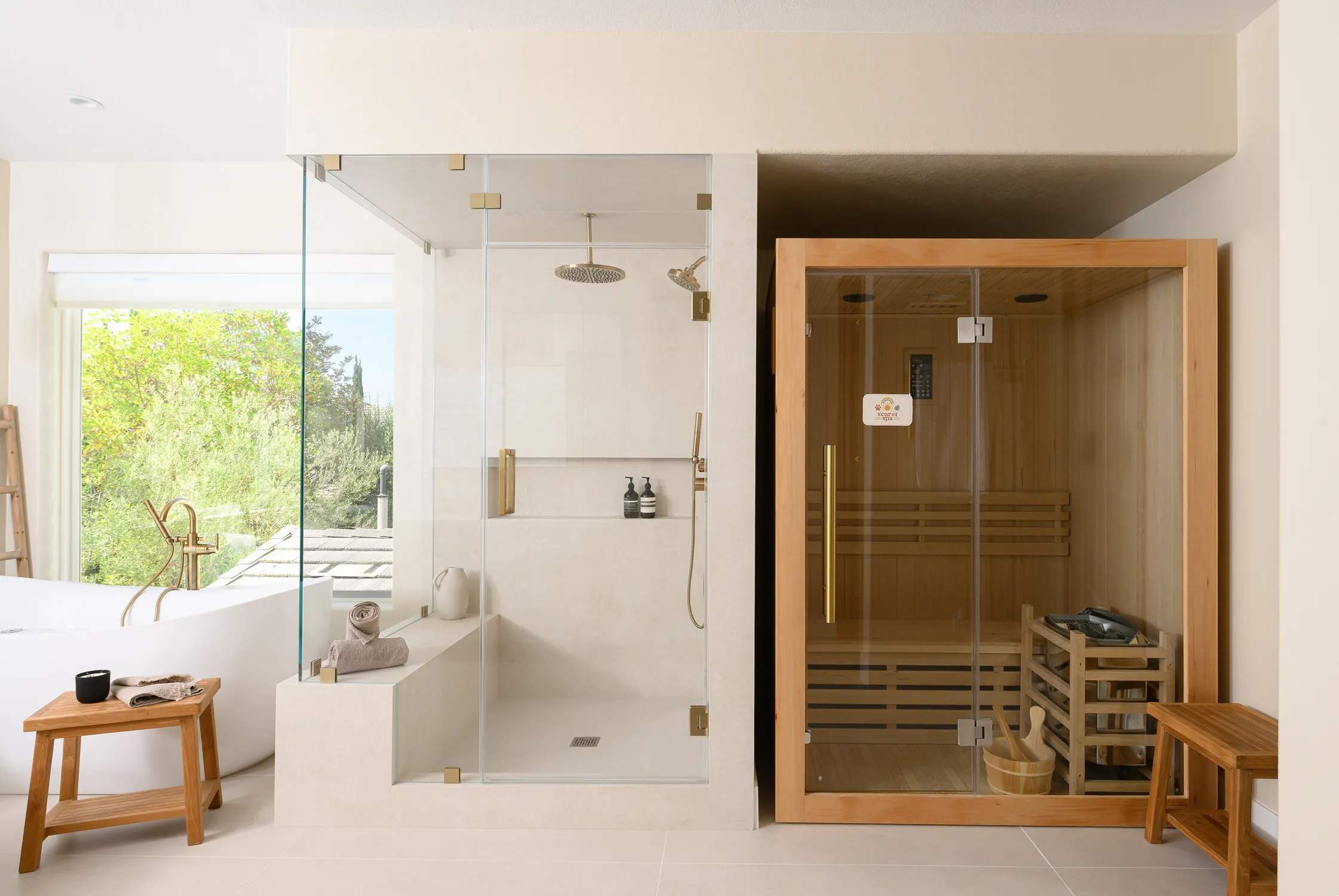 Spa bathroom with soaking tub, glass shower, and wood sauna