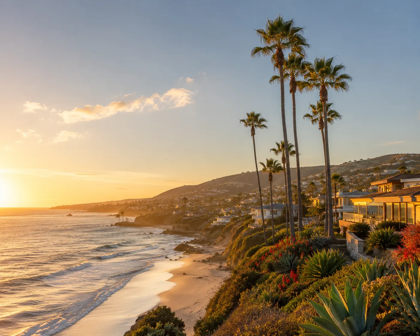 Orange County coastline at sunset with palm trees