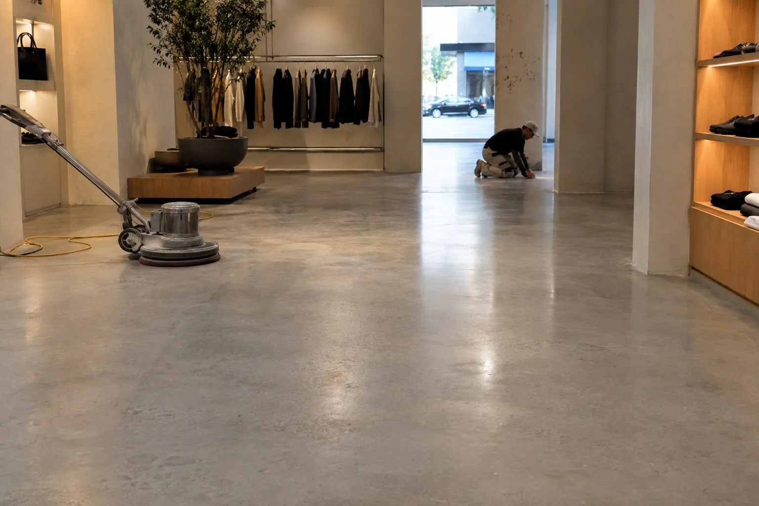 Floor polisher in a boutique clothing store interior